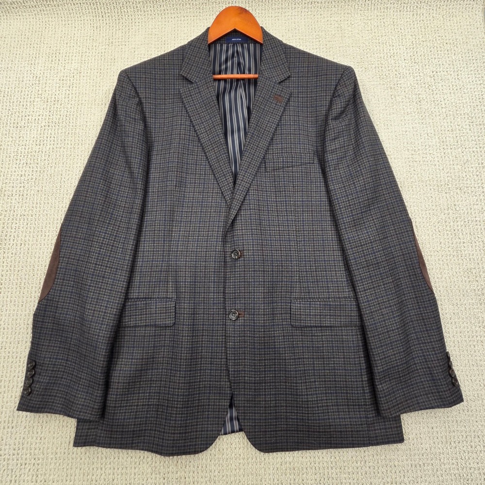 Stafford Classic Fit Wool Blend Blazer Gray Blue Plaid‎ Elbow Patches Mens 44L - Picture 2 of 10